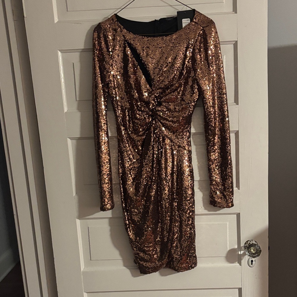 Fashion Nova Bronze Sequin Long Sleeve Dress